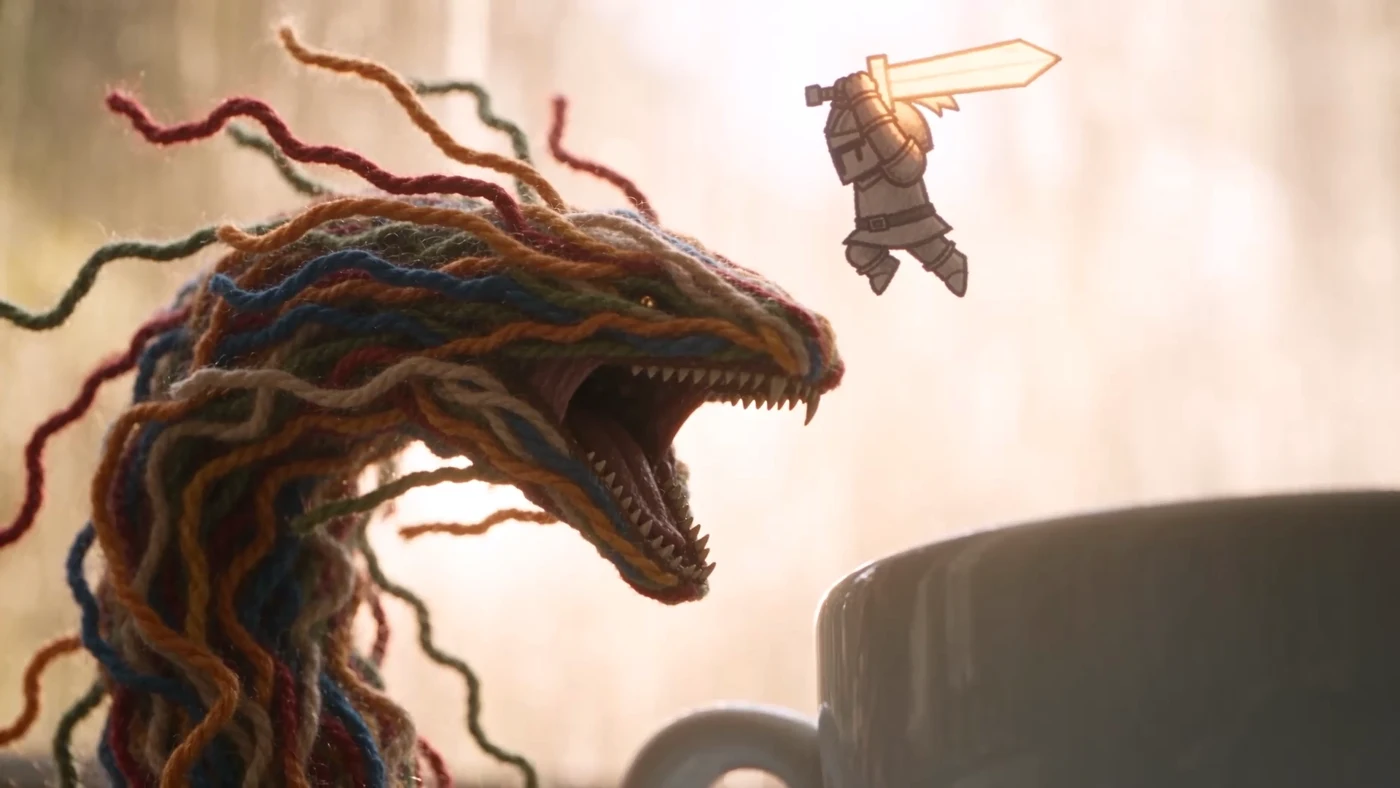 A tiny ink-drawn knight faces a dragon made of yarn on a sunlit desk